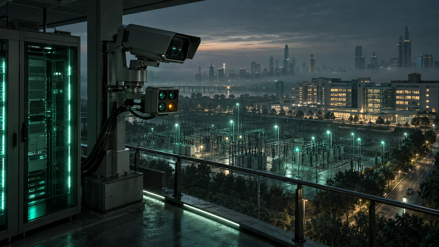 Conceptual illustration of autonomous monitoring equipment watching over an operating power substation and hospital district.