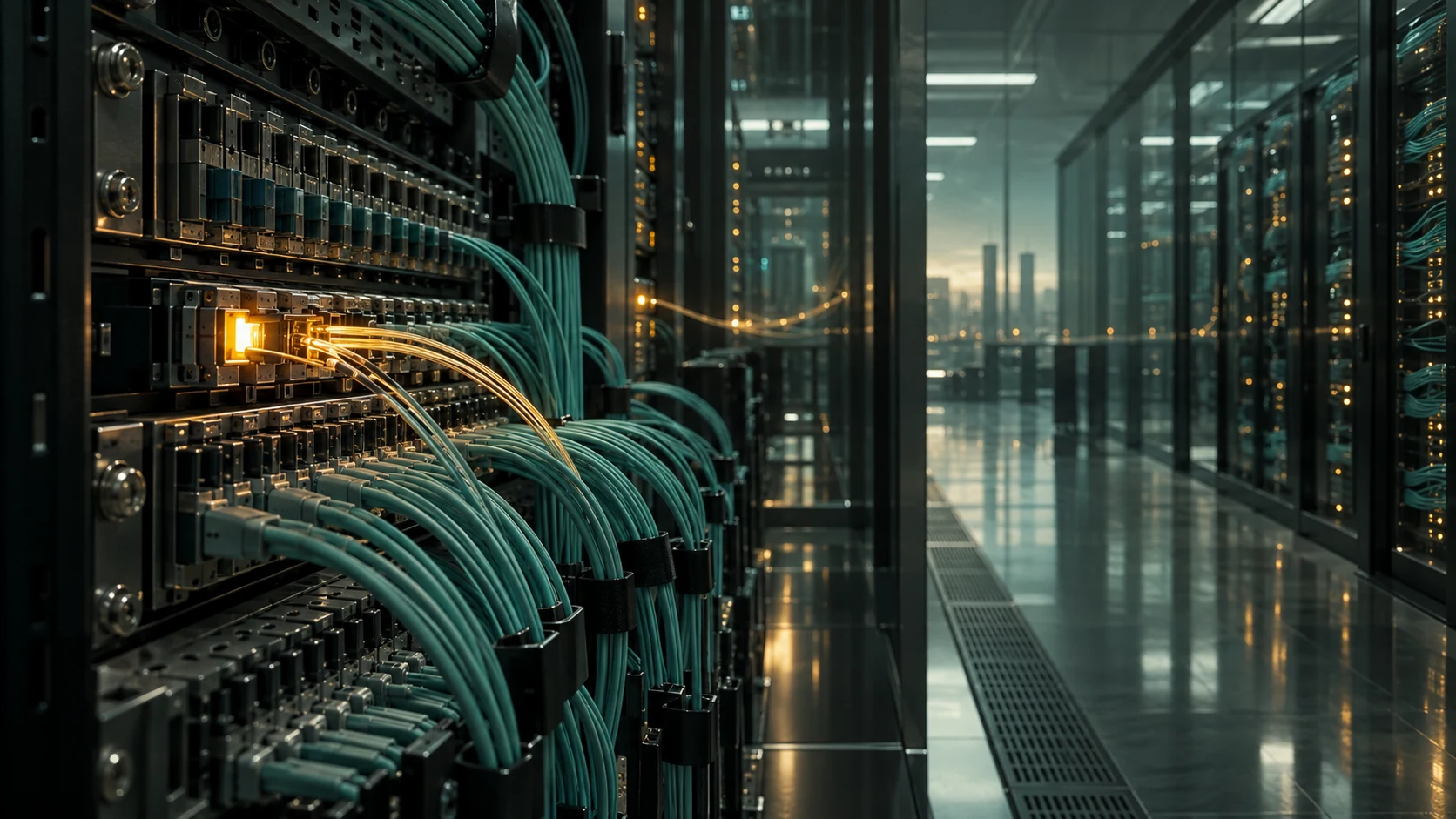 Conceptual illustration of one amber optical connection reaching through a network of teal-lit cloud systems.