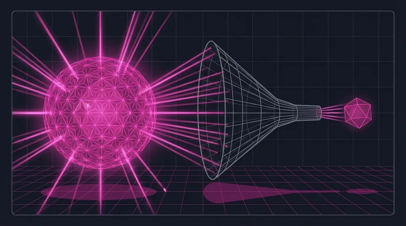 A complex crystalline structure being compressed through a narrow channel labeled Language, emerging as a simpler shape on the other side