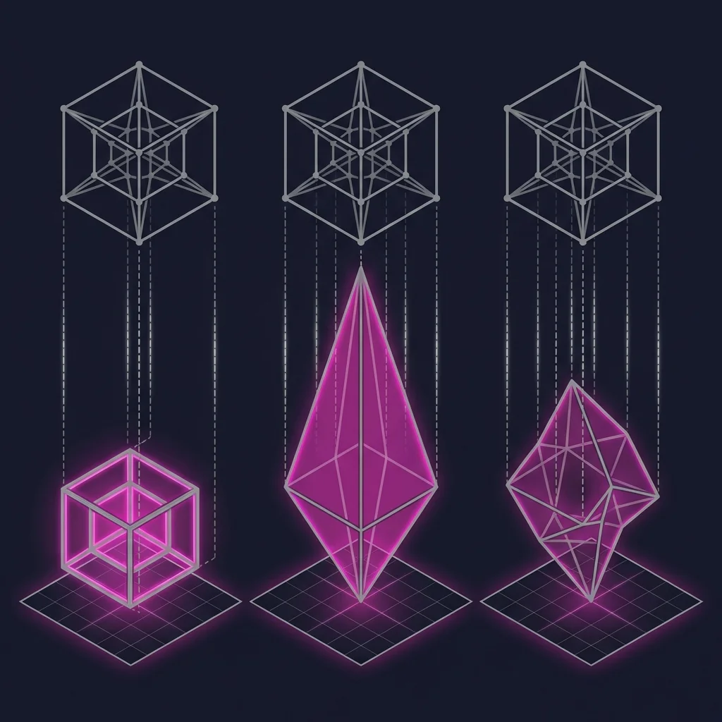 Three different 3D projections of the same tesseract: cube-in-cube, diamond, irregular shape