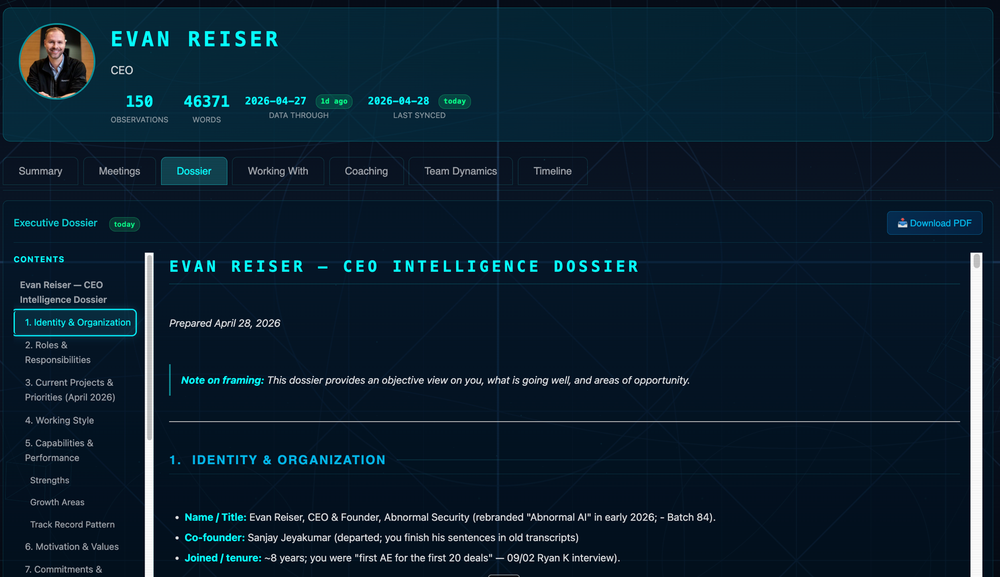 The dossier opened — structured contents and section index