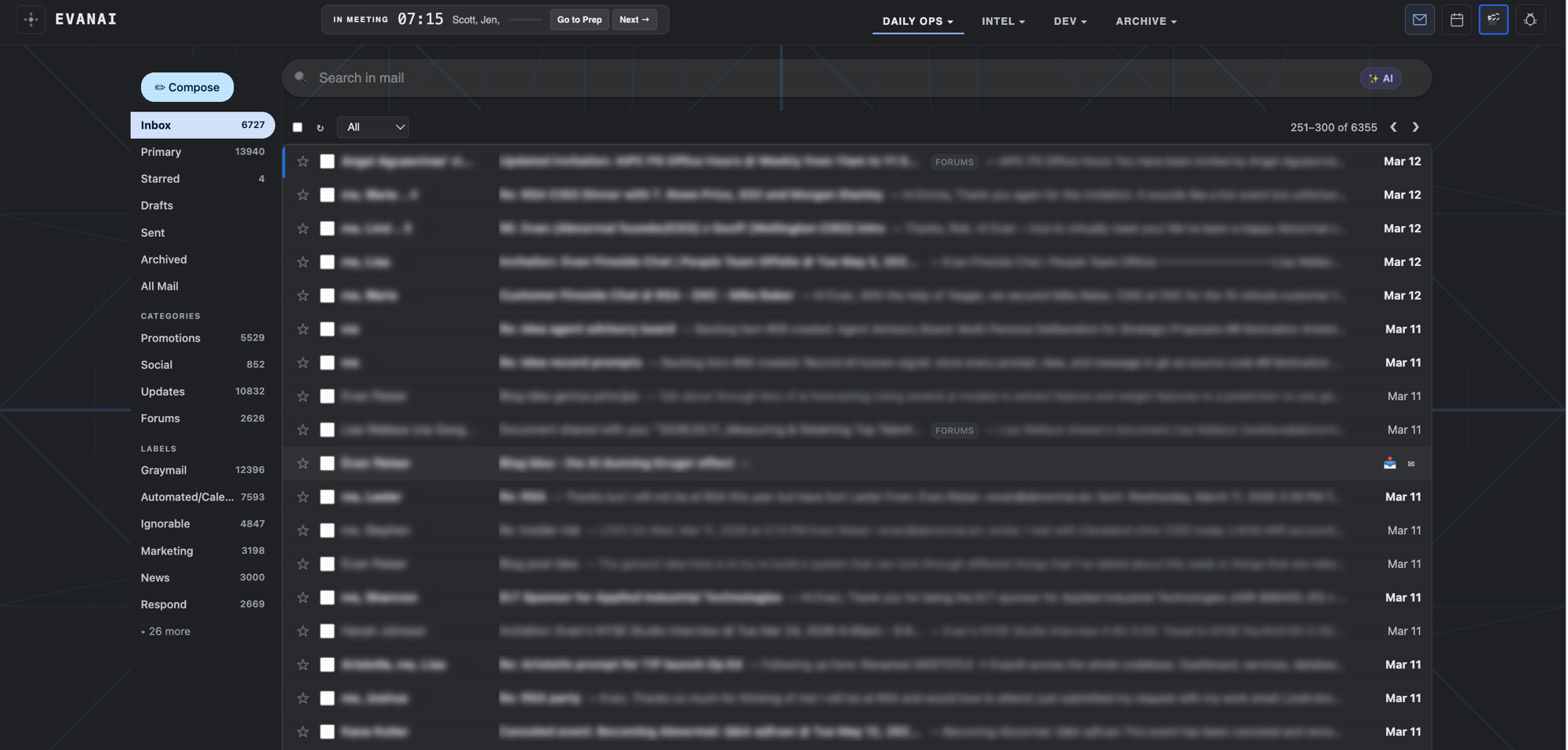 The rebuilt inbox — custom triage labels, AI search, meeting context bar