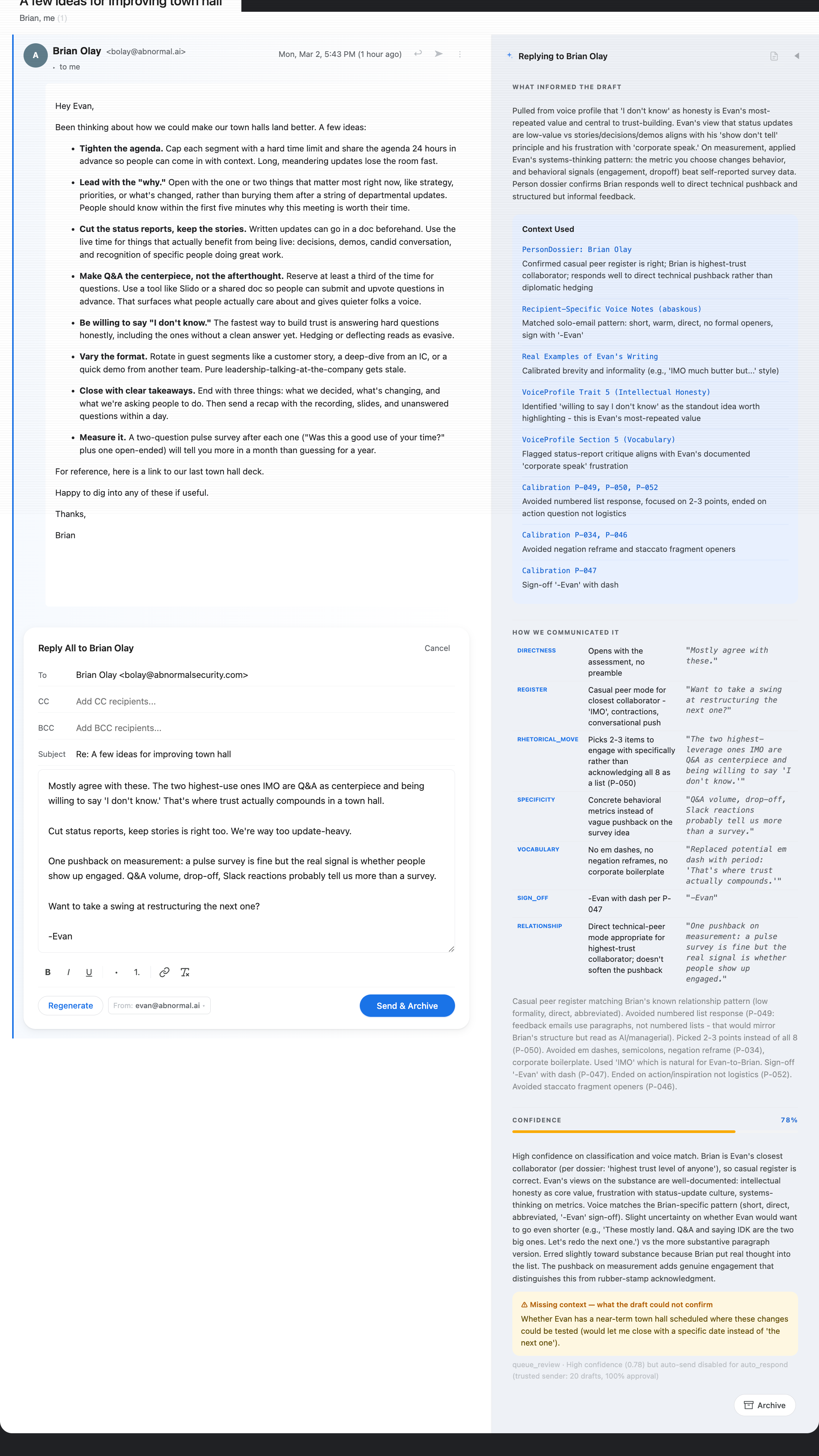 A draft assembled with context — dossier, prior threads, commitments, Gong moments, Slack chatter, and this week's meeting transcripts