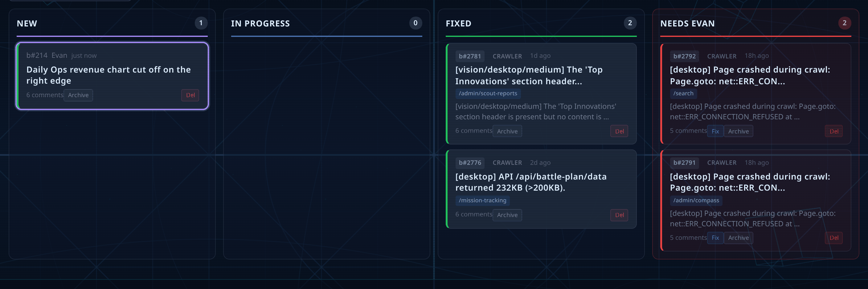 The bug board, with cards sliding from New to In Progress to Fixed on their own