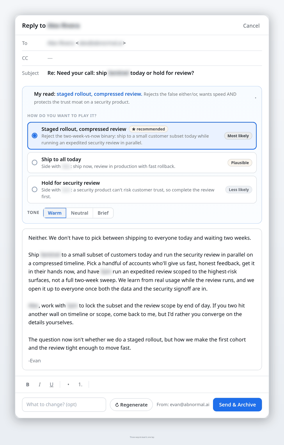 Decision-first reply in the compose window